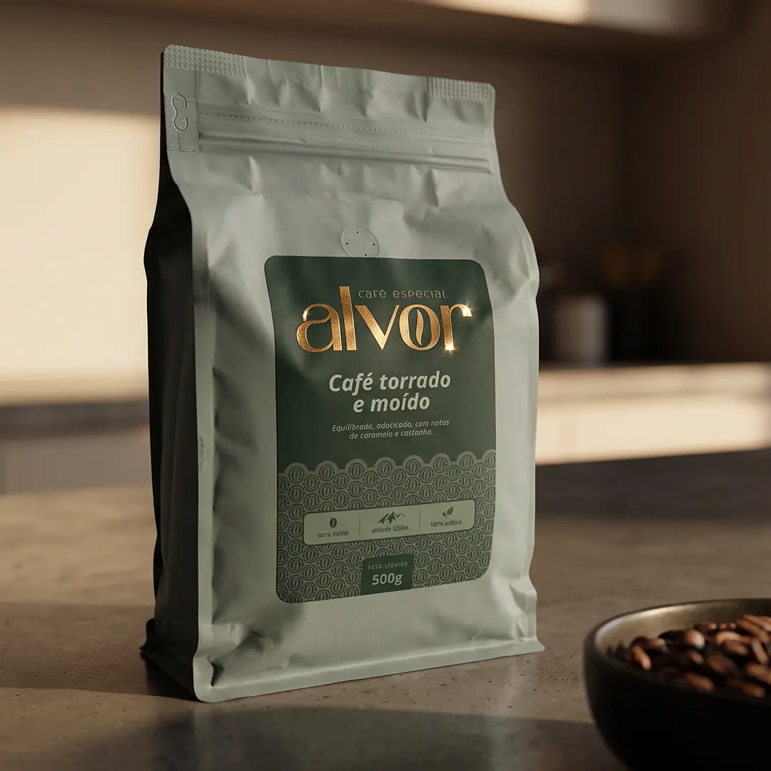 Identidade visual para a Alvor, marca de café especial em Santiago, RS, por RBR Design.