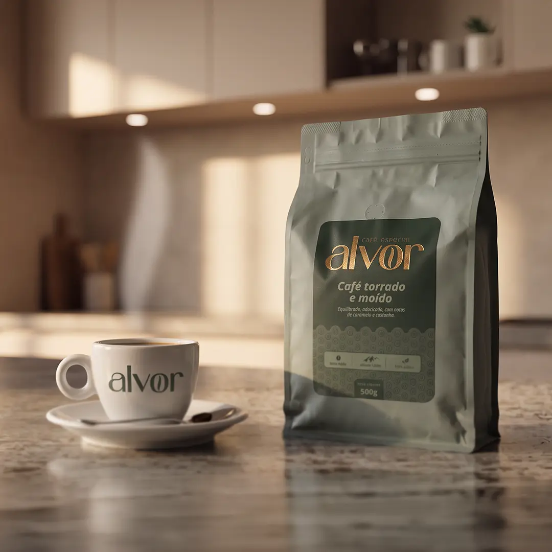 Identidade visual para a Alvor, marca de café especial em Santiago, RS, por RBR Design.